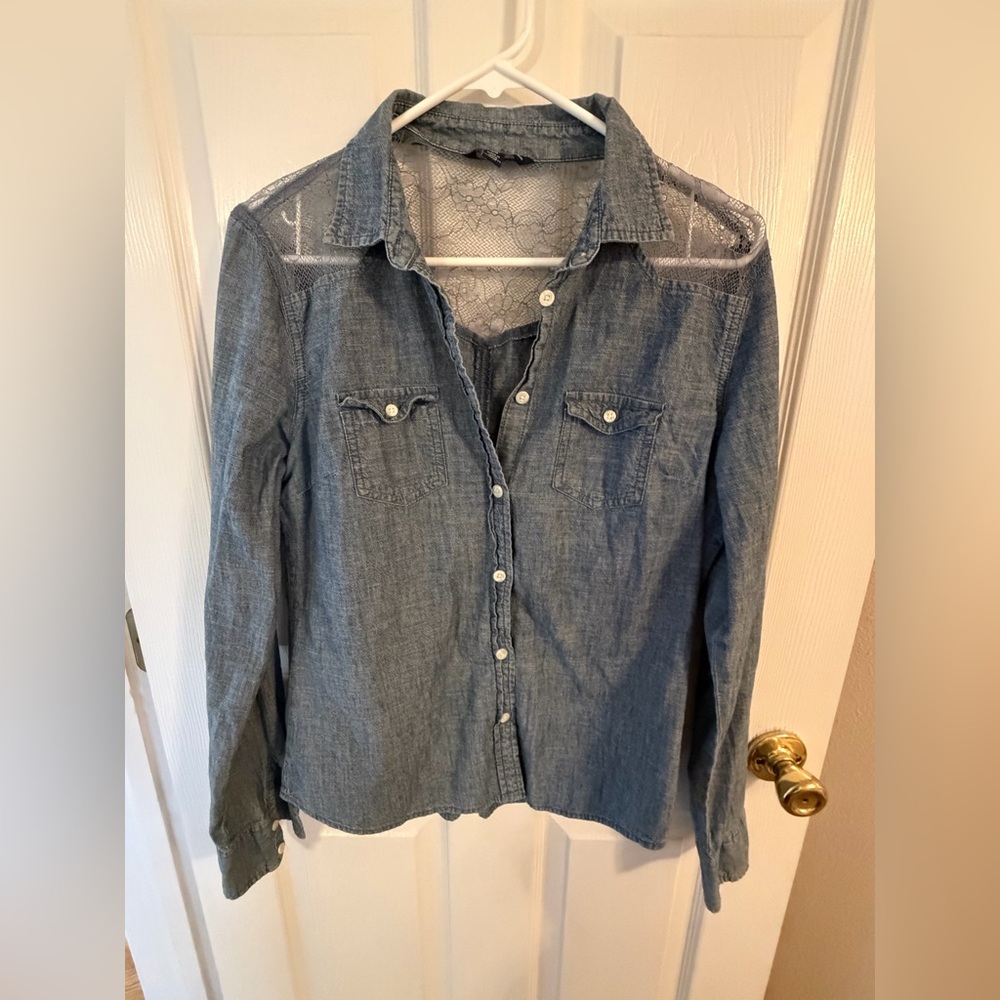 Vintage American Eagle Outfitters Denim Button-Up Shirt with Lace Detailing